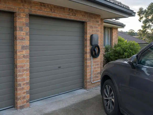 EV charger mounted on a brick garage wall beside a roller door in Fletcher