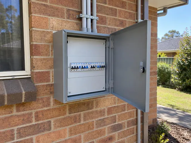 Open exterior switchboard cabinet on a brick house wall beside a window in Fletcher